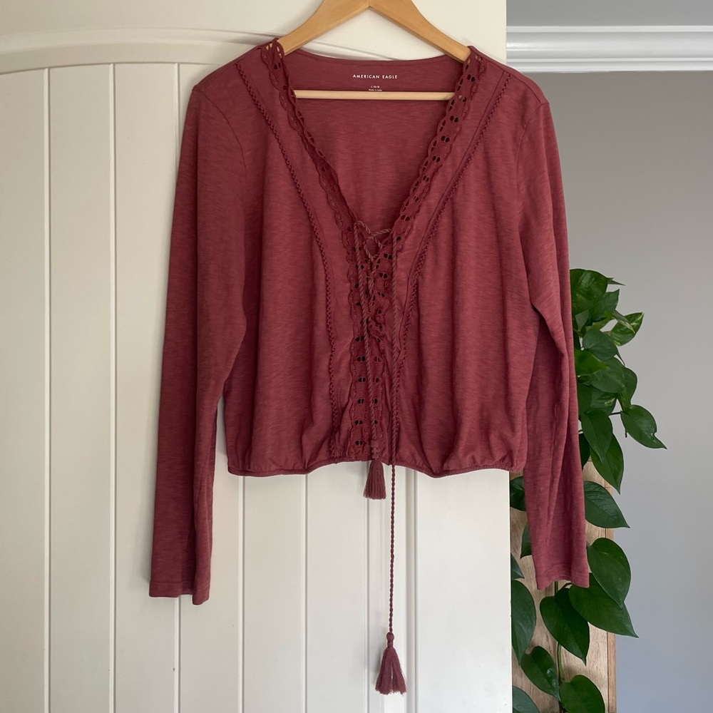 American Eagle Women’s Rose Pink Crochet Trim Long Sleeve
